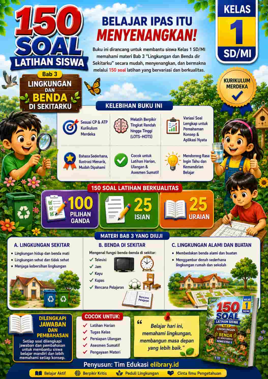 Cover Belakang 150 Soal Latihan Siswa Bab 3 Lingkungan dan Benda di Sekitarku IPAS Kelas 1 SDMI Semester 1 Kurikulum Merdeka (1)