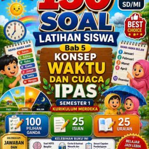 Cover Depan 150 Soal Latihan Siswa Bab 5 Konsep Waktu dan Cuaca IPAS Kelas 1 SD MI Semester 1 Kurikulum Merdeka